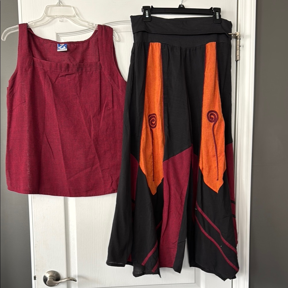 Bohemian Black Maxi Skirt with Orange and Burgundy Panels